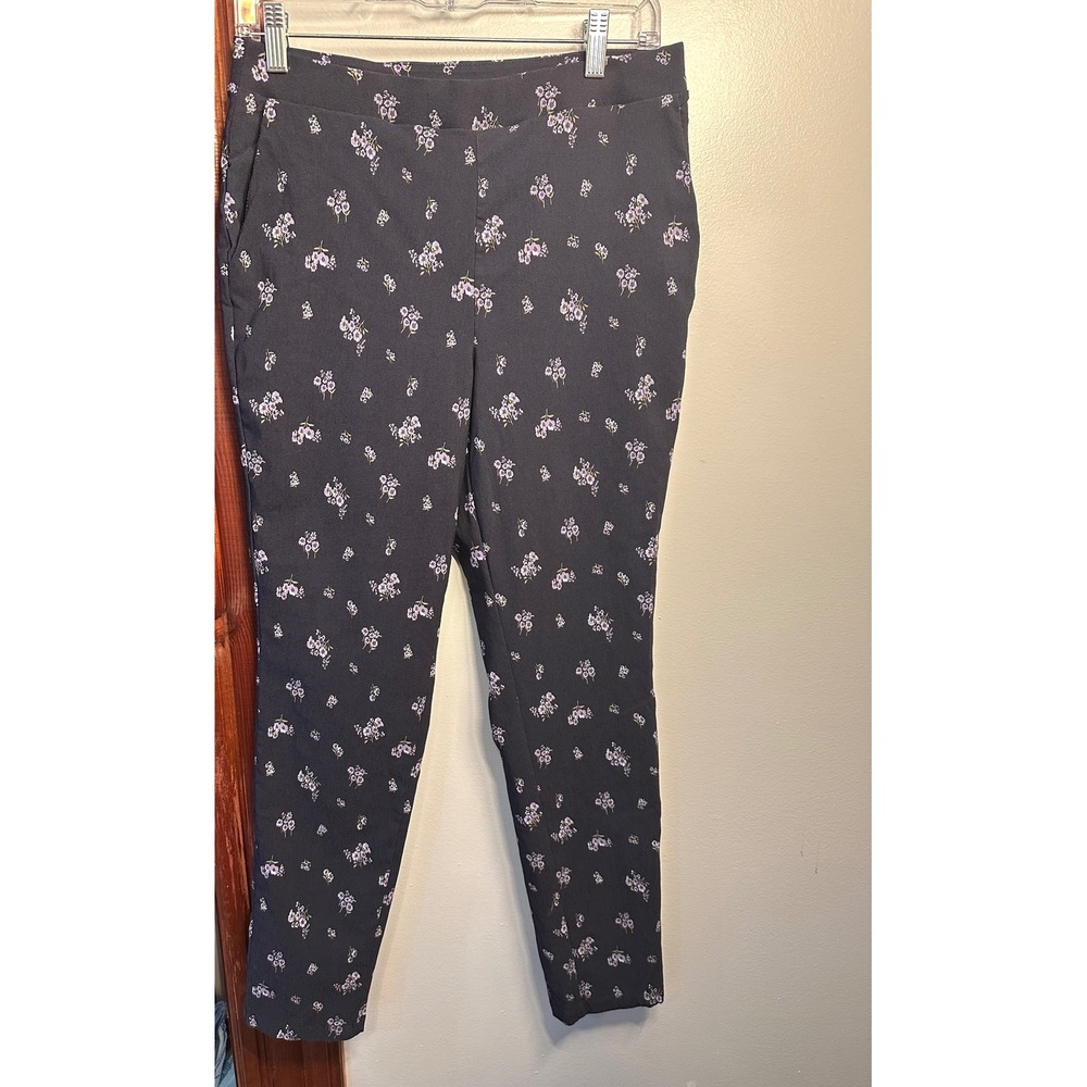 Nina Leonard Navy Blue Lavender Floral Tapered Ankle Pants Womens Medium Stretch